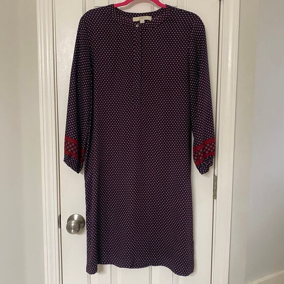 LOFT • Ann Taylor Burgundy Rust Blue Pattern Long Sleeve Side Split Dress - Picture 2 of 8